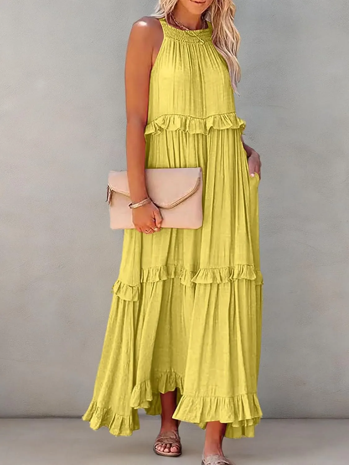 Women's Summer Maxi Dress Casual Boho Sleeveless Spaghetti Strap Smocked Tiered Long Beach Sexly Loose Sun Dresses