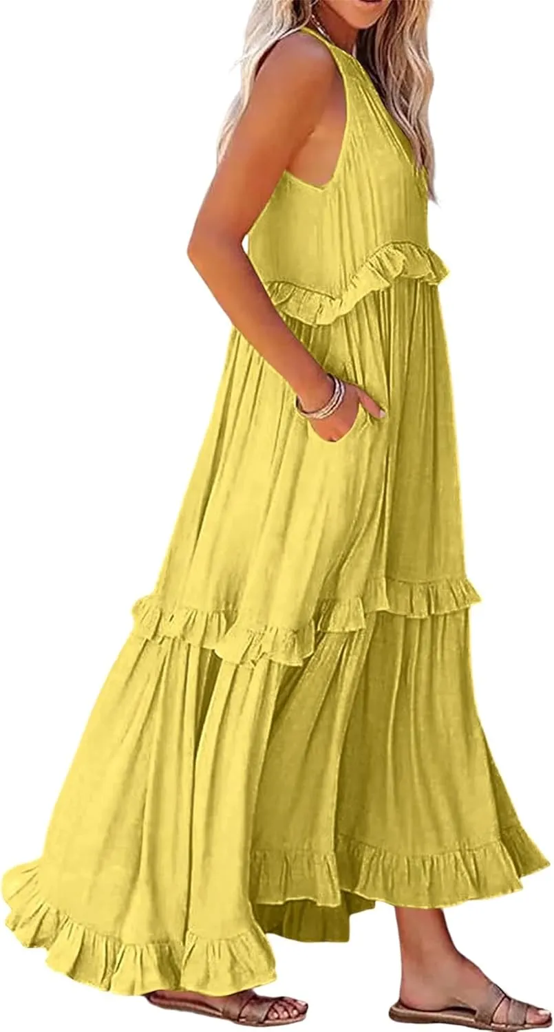 Women's Summer Maxi Dress Casual Boho Sleeveless Spaghetti Strap Smocked Tiered Long Beach Sexly Loose Sun Dresses