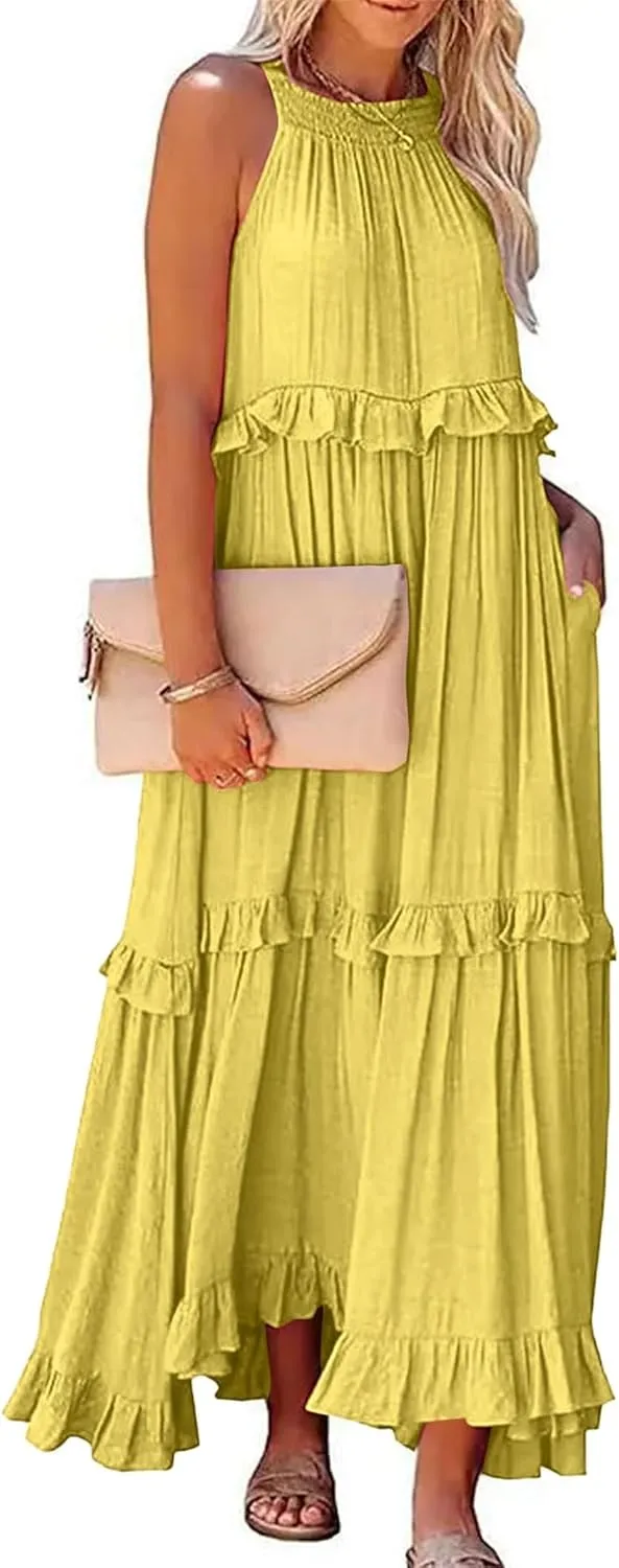 Women's Summer Maxi Dress Casual Boho Sleeveless Spaghetti Strap Smocked Tiered Long Beach Sexly Loose Sun Dresses