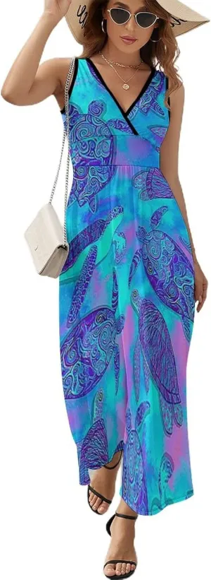 Women's Summer V Neck Sleeveless Octopus Maxi Sundress Casual Flowy Beach Tank Dress