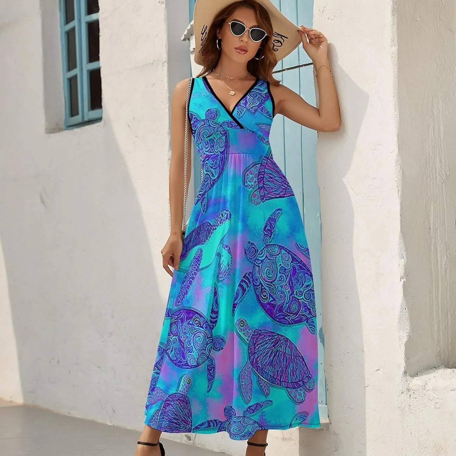 Women's Summer V Neck Sleeveless Octopus Maxi Sundress Casual Flowy Beach Tank Dress