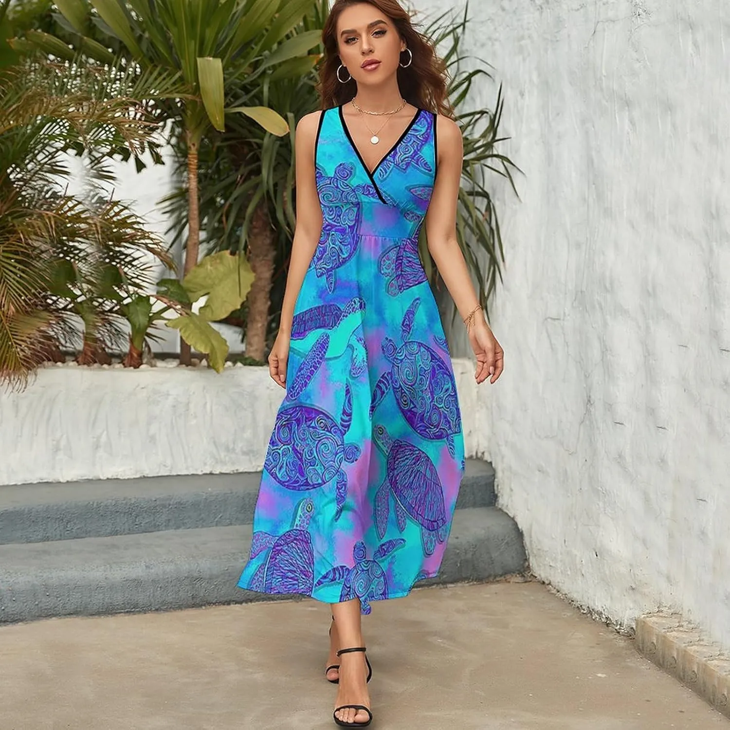 Women's Summer V Neck Sleeveless Octopus Maxi Sundress Casual Flowy Beach Tank Dress