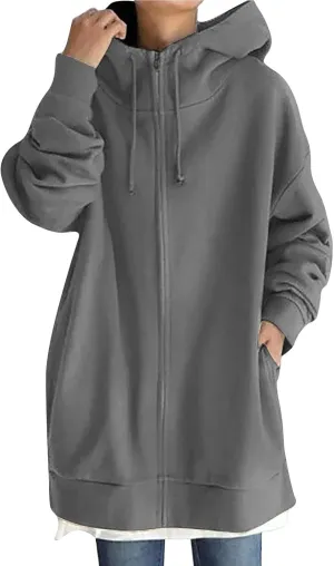 Womens Zip Up Hoodie Jacket Plus Size Long Sleeve Hooded Drawstring Oversized Coat Fall Winter Y2K Clothes