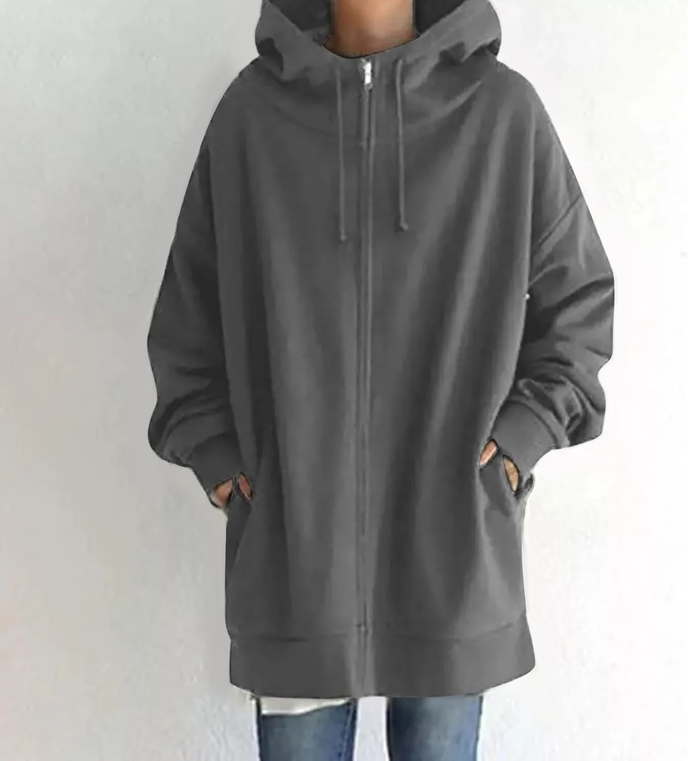 Womens Zip Up Hoodie Jacket Plus Size Long Sleeve Hooded Drawstring Oversized Coat Fall Winter Y2K Clothes