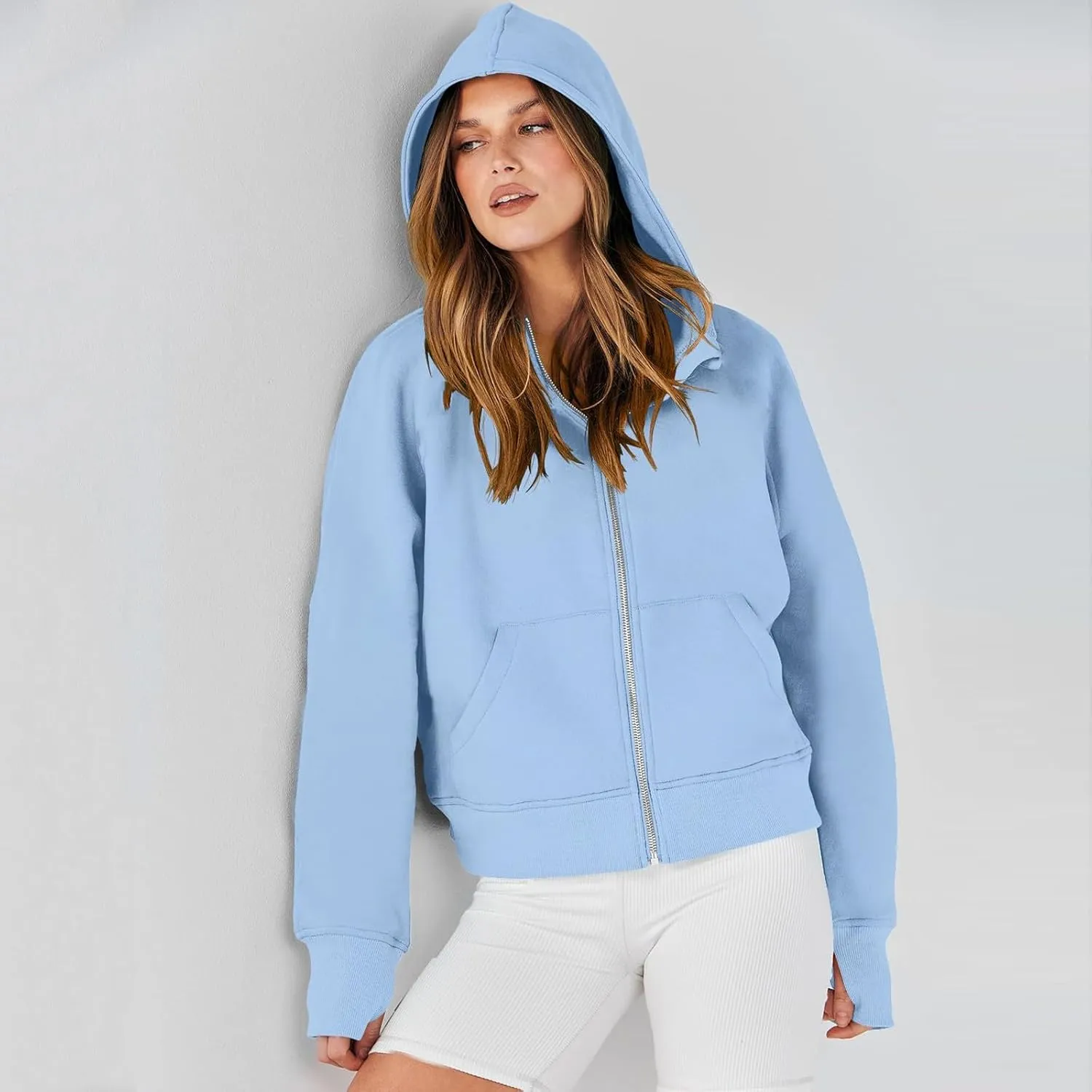 Womens Zip Up Hoodies Fleece Jackets Oversized Sweatshirts Full Zipper Long Sleeve Coats Thumb Hole Pullover Pockets