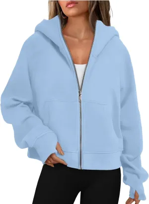Womens Zip Up Hoodies Fleece Jackets Oversized Sweatshirts Full Zipper Long Sleeve Coats Thumb Hole Pullover Pockets