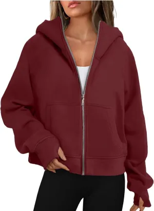 Womens Zip Up Hoodies Fleece Jackets Oversized Sweatshirts Full Zipper Long Sleeve Coats Thumb Hole Pullover Pockets