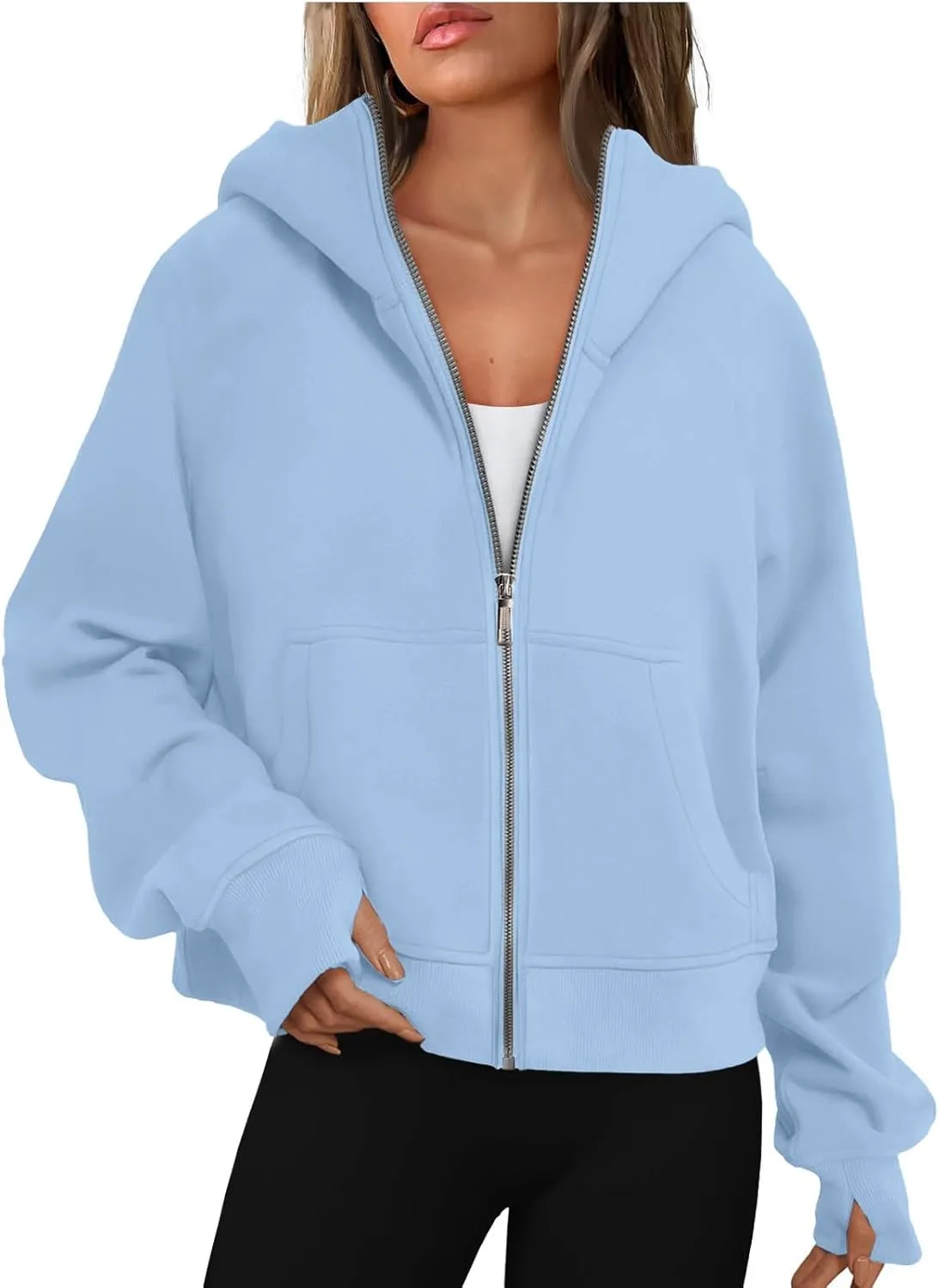 Womens Zip Up Hoodies Fleece Jackets Oversized Sweatshirts Full Zipper Long Sleeve Coats Thumb Hole Pullover Pockets
