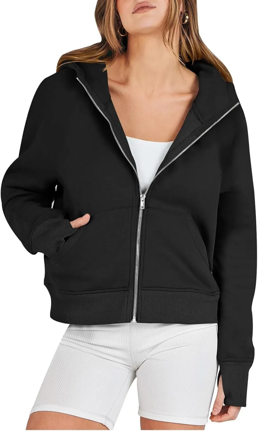 Womens Zip Up Hoodies Fleece Jackets Oversized Sweatshirts Full Zipper Long Sleeve Coats Thumb Hole Pullover Pockets