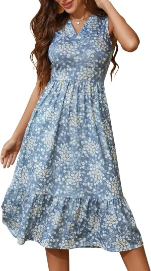 YATHON Womens Summer Sundress Notched Neck Slant A Line Tiered Midi Dresses with Pockets