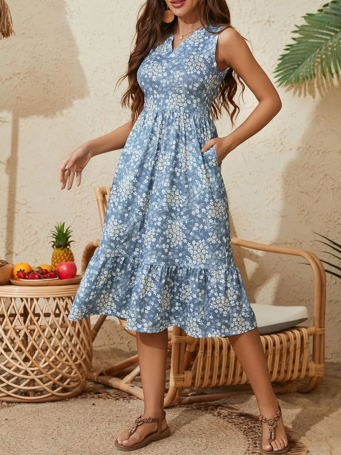 YATHON Womens Summer Sundress Notched Neck Slant A Line Tiered Midi Dresses with Pockets