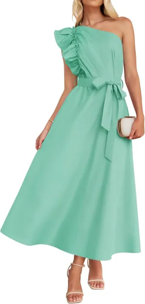 ZESICA Women's 2025 Summer One Shoulder Ruffle Dress Sleeveless Empire Waist Boho Flowy Maxi Dresses