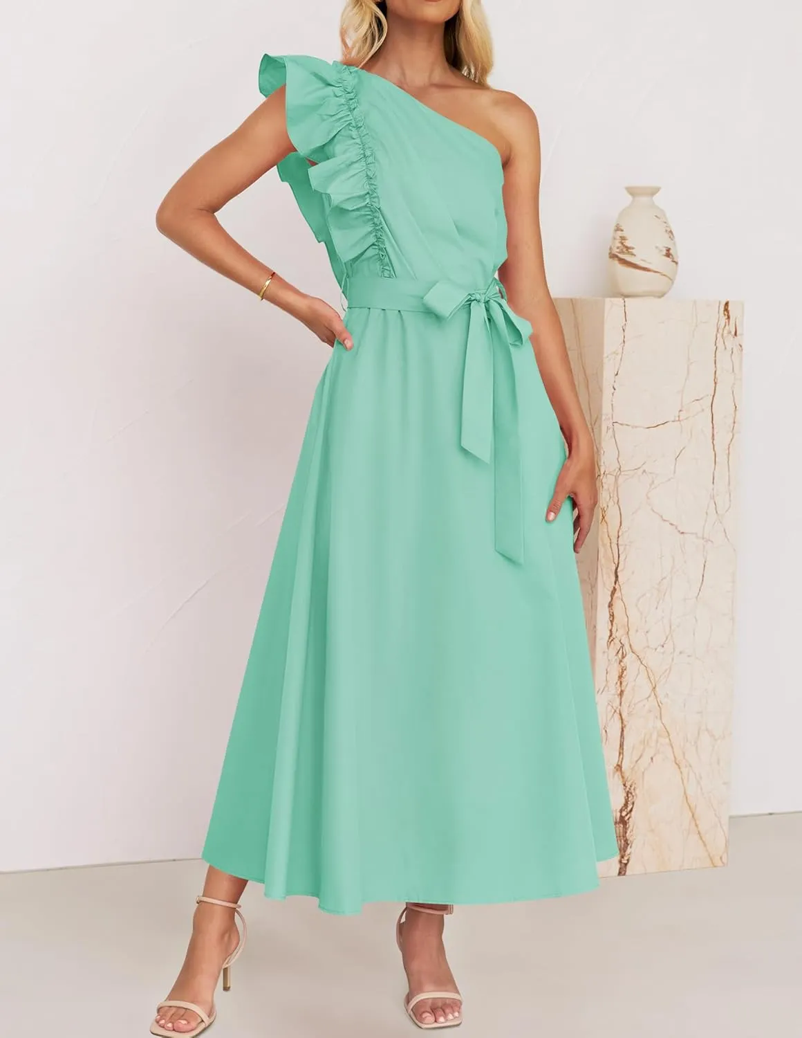 ZESICA Women's 2025 Summer One Shoulder Ruffle Dress Sleeveless Empire Waist Boho Flowy Maxi Dresses