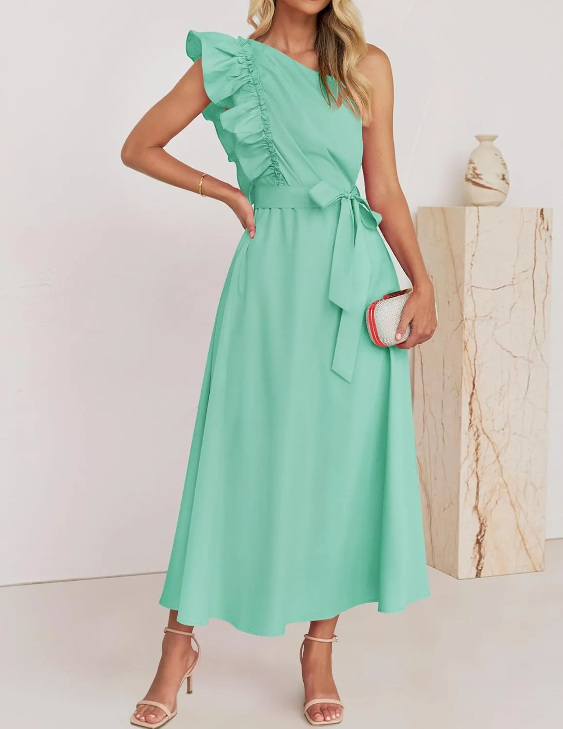 ZESICA Women's 2025 Summer One Shoulder Ruffle Dress Sleeveless Empire Waist Boho Flowy Maxi Dresses