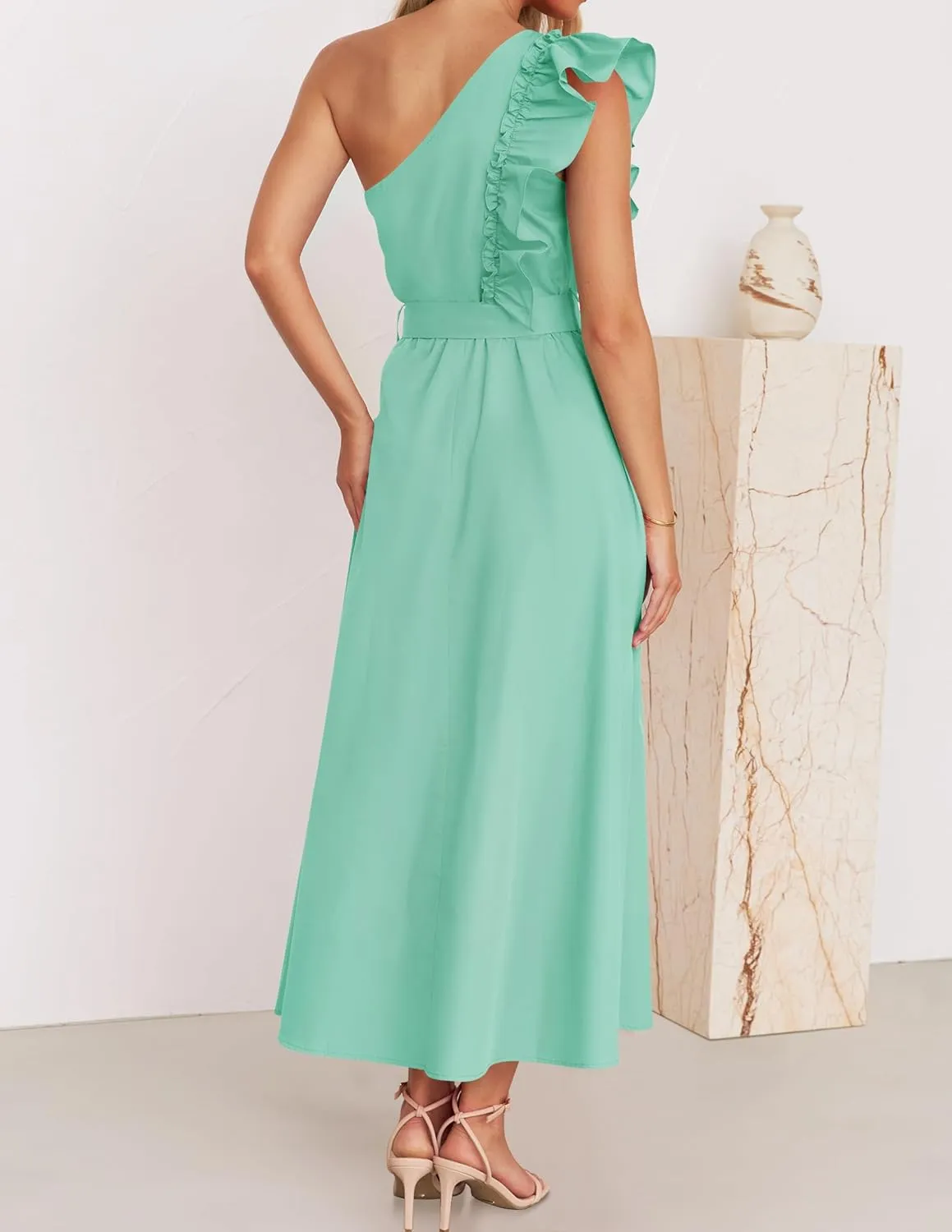ZESICA Women's 2025 Summer One Shoulder Ruffle Dress Sleeveless Empire Waist Boho Flowy Maxi Dresses