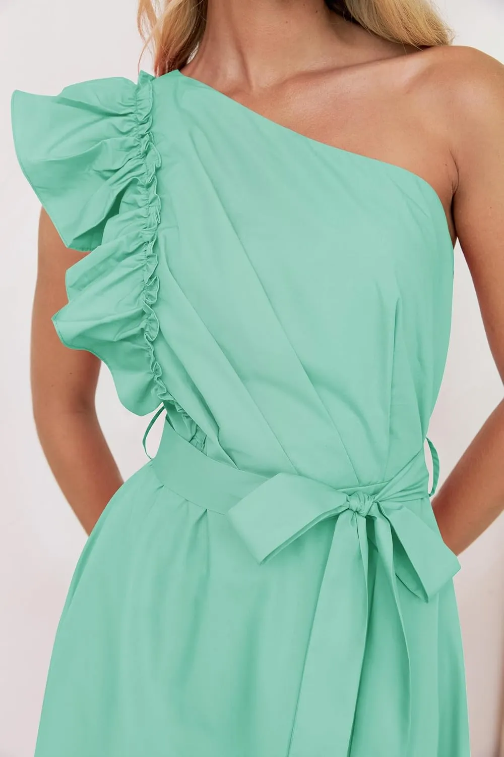 ZESICA Women's 2025 Summer One Shoulder Ruffle Dress Sleeveless Empire Waist Boho Flowy Maxi Dresses