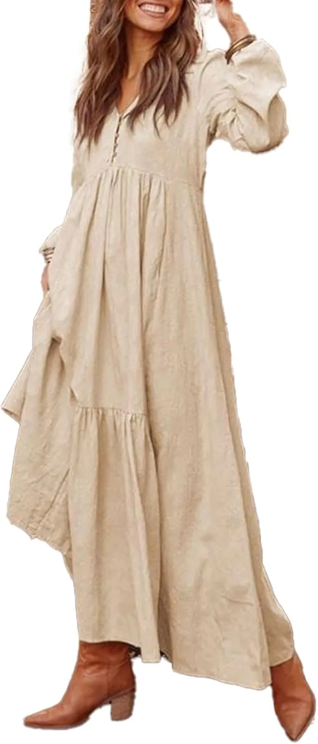 ZOCANIA Cotton Linen Dress for Women V Neck Long Sleeve Maxi Dress Waist Pleated Ruffles Tiered Flowy Long Swing Fall Dresses