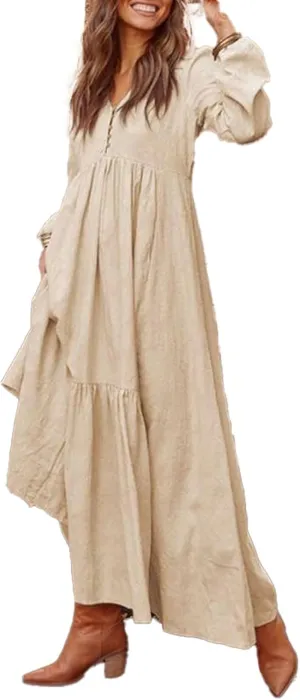 ZOCANIA Cotton Linen Dress for Women V Neck Long Sleeve Maxi Dress Waist Pleated Ruffles Tiered Flowy Long Swing Fall Dresses