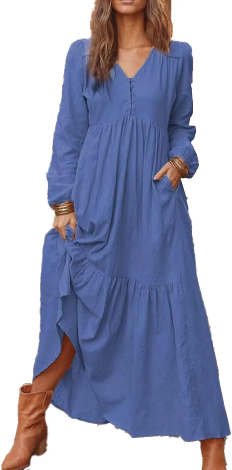 ZOCANIA Cotton Linen Dress for Women V Neck Long Sleeve Maxi Dress Waist Pleated Ruffles Tiered Flowy Long Swing Fall Dresses